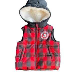 Disney Mickey Mouse Puffer Vest Baby 24M Red Plaid‎ Sherpa Ears Hood Full Zip